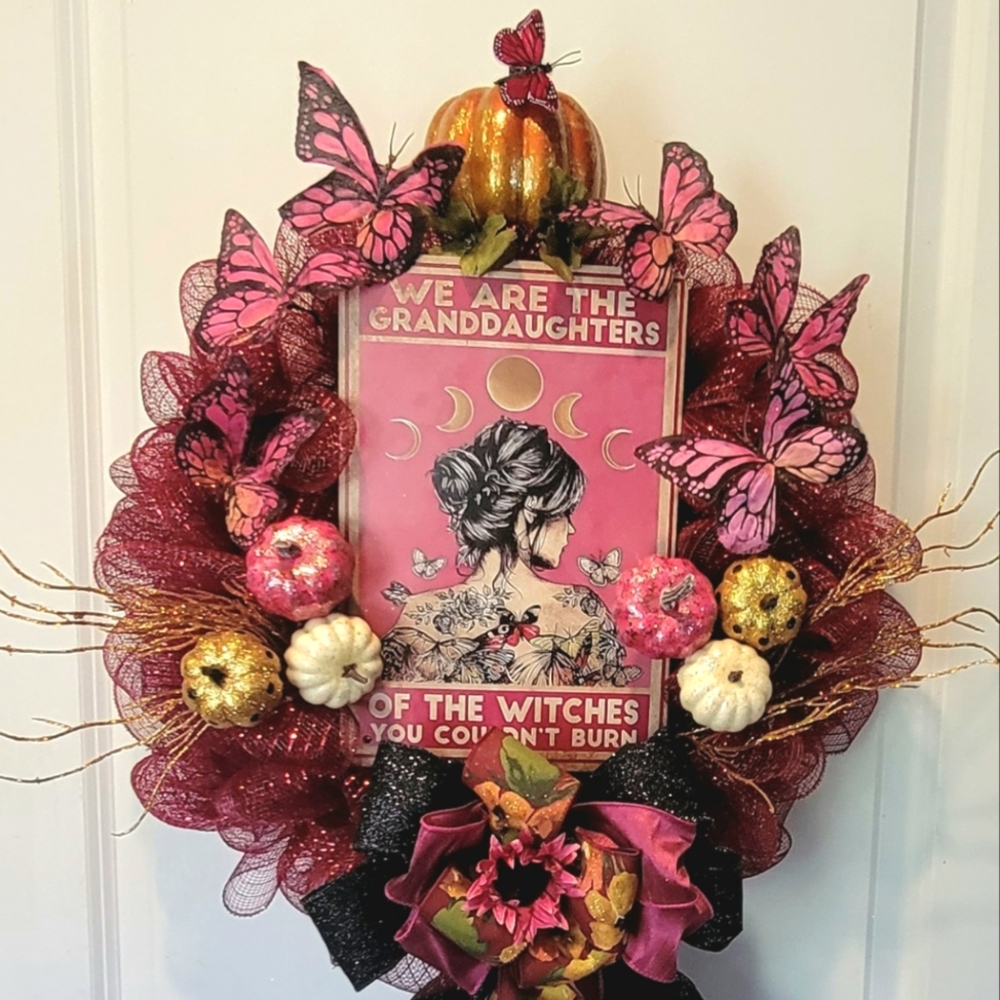 Halloween Wreath Grandaughters of the Witches They Could Not Burn Pink Gold Blk